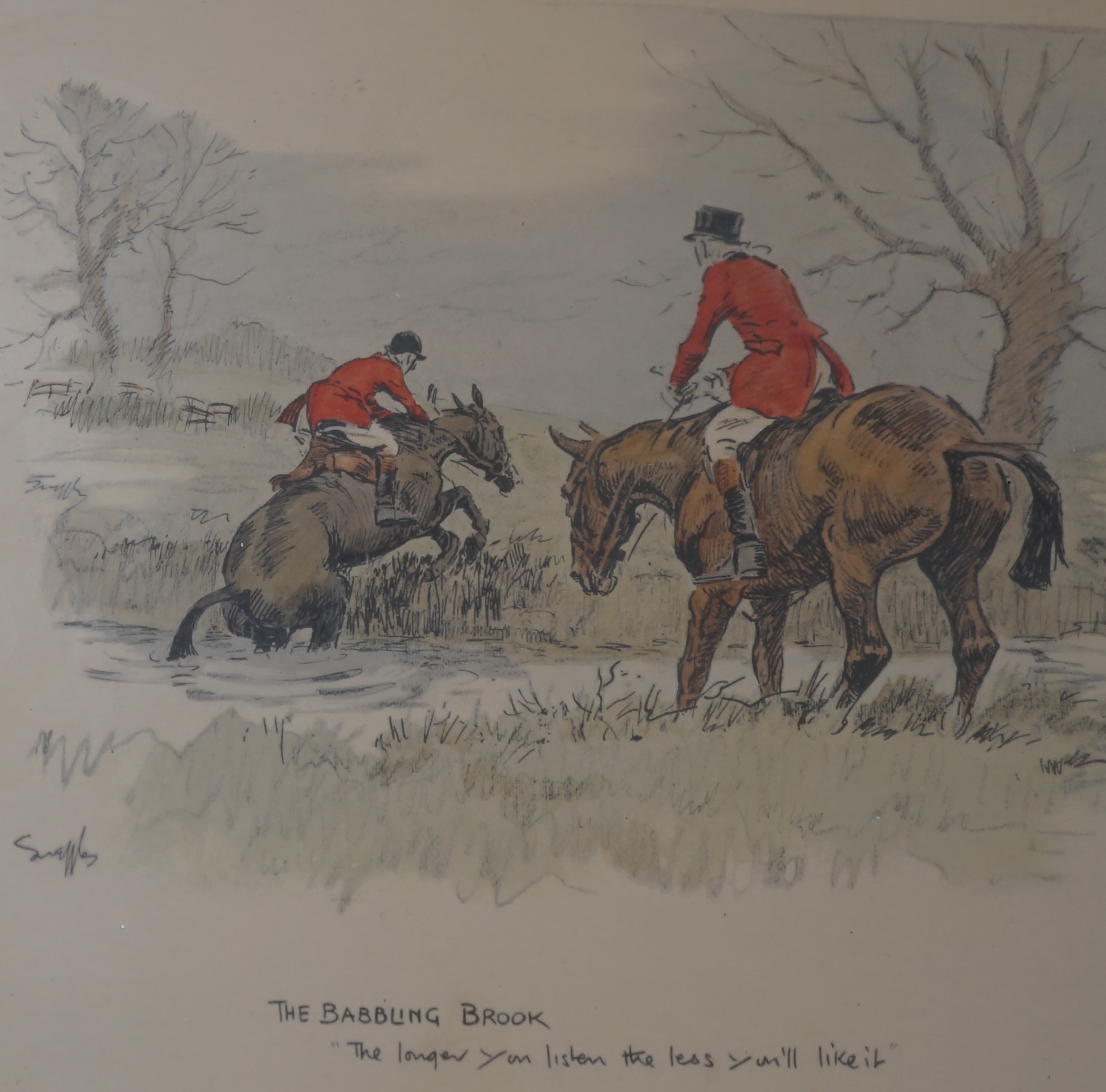 Charles Johnson Payne ‘Snaffles’ (1884-1967), two colour prints comprising, ‘The babbling brook’ & ‘A bona fide fox chaser’, one signed in pencil, 46 x 43cm. Condition - fair, a little faded